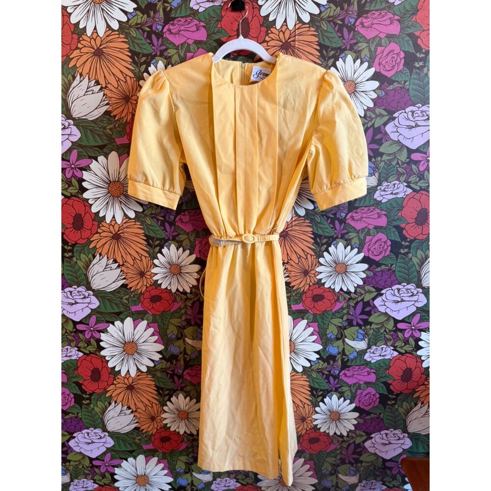 Vintage Germaine Petite Butter Yellow Elastic Waist Retro Dress w/ Belt Size 12